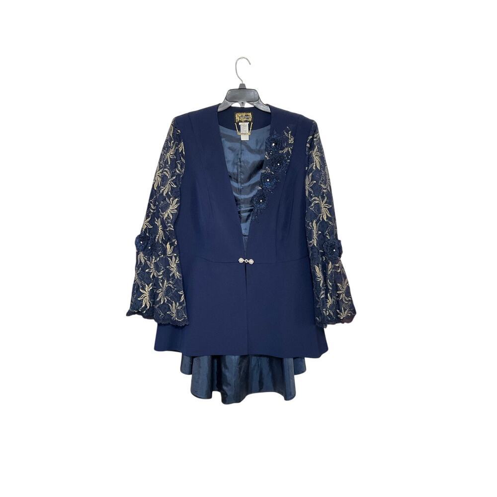Champagne Italy Blue/Gold Lace Flare Sleeve Jacket Floral Hi-low 24 Plus Church - Picture 7 of 7